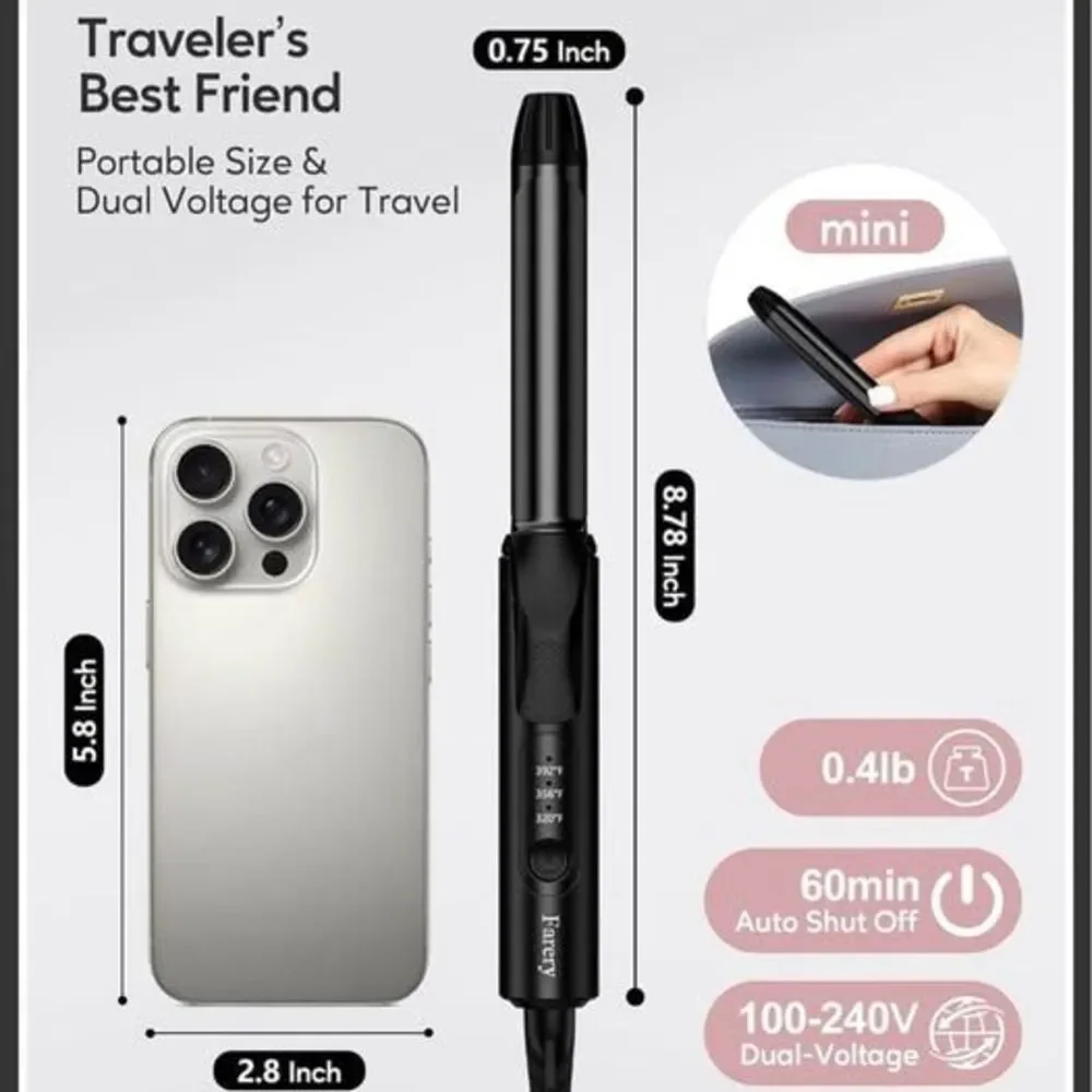 FARERY Travel Mini Pro Curling Iron Dual Voltage, 3/4 Inch, with 3 Adju